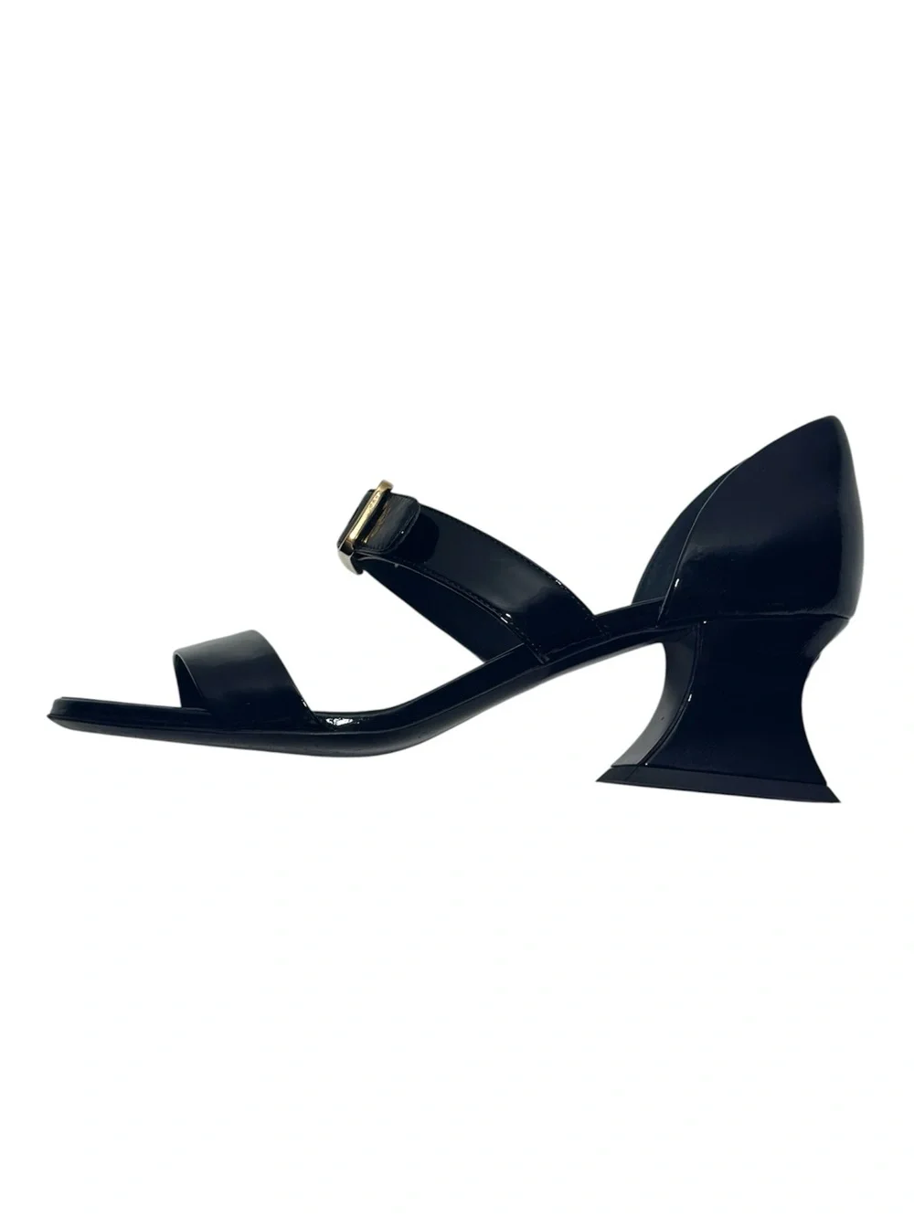 CHANEL Black Patent Goatskin 2022 22S Curved Block Heel Sandal size 36 Authentic